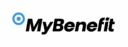 W tekście logo widnieje napis „MyBenefit” pogrubioną czarną czcionką. Przed literą „M” znajduje się niebiesko-białe koło w kształcie tarczy. Tło jest jasnoszare.