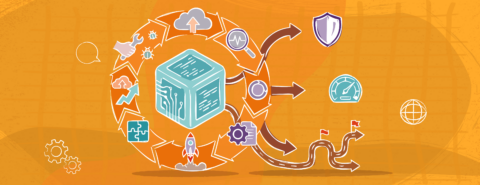 Illustration of a blue cube surrounded by circular arrows and various icons, including a rocket, shield, graph, and path, representing workflow, technology integration, and process optimization on an orange background.