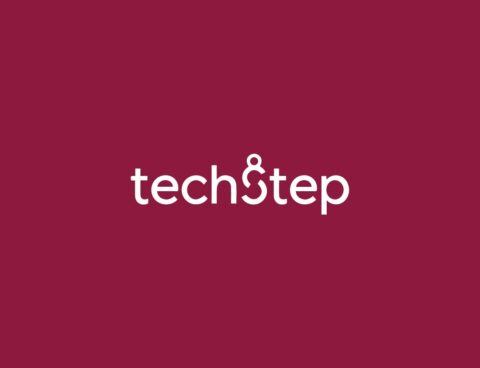 White text on a maroon background spelling techstep. The letters are all lowercase, and the s in step is stylized to look like an ampersand (&).