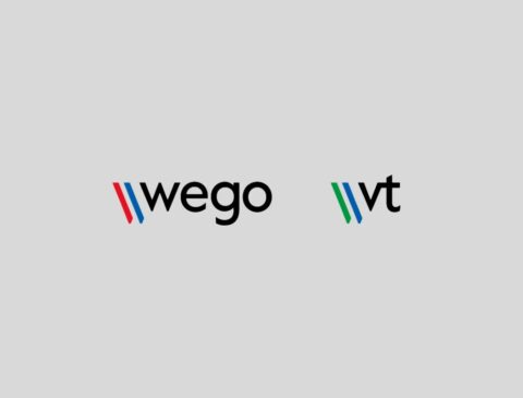 Two minimalist logos on a light gray background: one says wego with red and blue diagonal lines, referencing Wego Systembaustoffe GmbH’s innovative approach in B2B E-commerce Transformation, while the other says vt with blue and green diagonal lines. Both use modern, rounded black text.