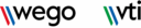 Logo „wego” i „wtc”, z których każde zawiera po trzy ukośne paski w kolorach czerwonym, niebieskim i zielonym po lewej stronie napisów, na białym tle.