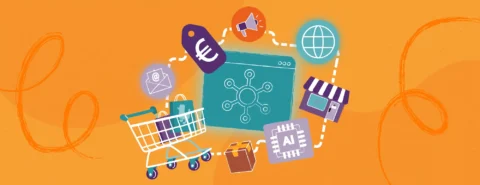 Ilustracja przedstawiająca ikony związane z zakupami internetowymi: koszyk, metkę z ceną, megafon, globus, witrynę sklepową, paczkę, chip AI oraz adres e-mail — z których każda symbolizuje kluczowe aspekty transformacji handlu elektronicznego w sektorze B2B — połączone liniami przerywanymi na pomarańczowym tle.